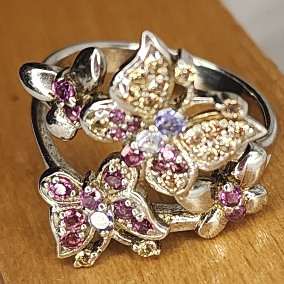 Sterling Silver Butterfly Ring w/Pink & Gold Accents SZ 8 1/4 - Picture 2 of 8